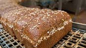 Loaves of wheat bread move along on top of a conveyor belt